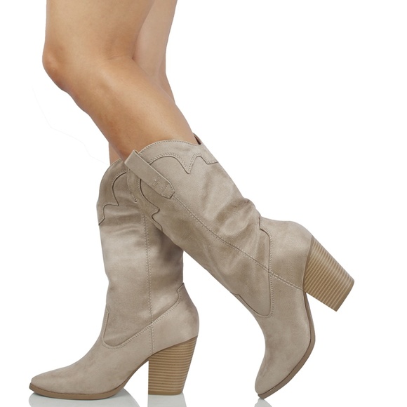 Shoes - Clay Faux Suede Cowboy Mid Calf Block Heel Boot